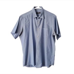 Men's Short Sleeve Dress Shirt Blue White Pinstripes Size L (41-42) Button-up